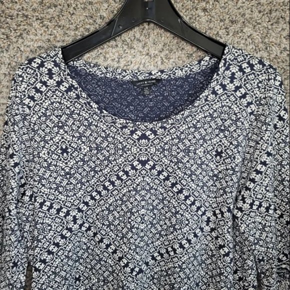 Lucky Brand Top Womens Large Navy Blue Printed Boho 3/4 Sleeve Casual Ladies
